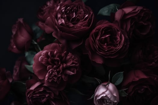 AI generated Burgundy color roses dark moody romantic background. Close-up flowers card backdrop. Ai generated photo