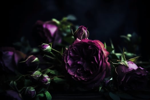 AI generated Purple roses dark moody romantic background. Close-up flowers card backdrop. Ai generated photo