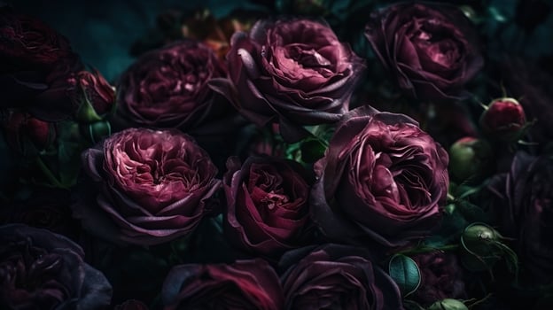AI generated Burgundy color roses close-up dark romantic background. Flowers wallpaper. Ai generated photo