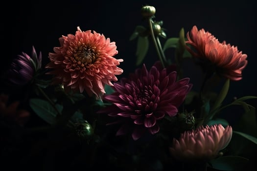 AI generated Chrysanthemums close-up dark romantic background. Flowers wallpaper. Ai generated photo