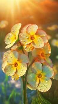 AI generated Close-up primrose flowers with drops of water background. Floral wallpaper. Ai generated photo