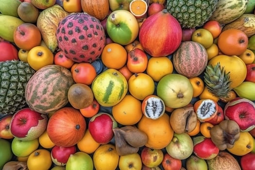AI generated Fresh tropical fruits as background. Top view of natural fruits, full screen image photo