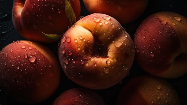 AI generated Close-up of peaches with water drops on dark background. Fruit wallpaper photo