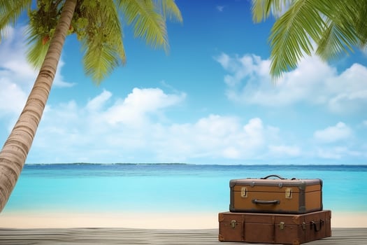 AI generated Suitcase and the beach landscape, summer vacation background. Ai generated photo