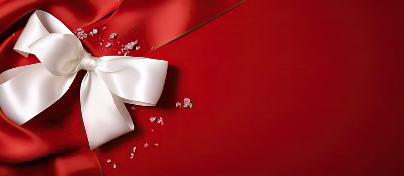 Untidy red paper with white satin ribbon and bow background photo