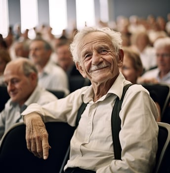 An elderly man posing and smiling at a conference, boss day images photo