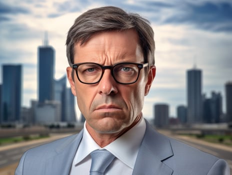 Businessman with glasses in front of city panorama, boss day images photo