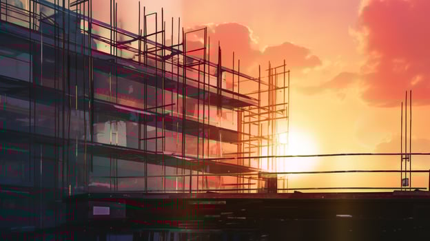Two construction workers standing by a large building at sunset, industrial machinery stock photos