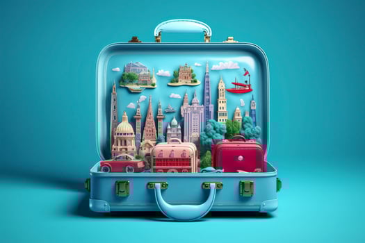 Blue suitcase full of landmarks and travel accessories on blue background. Generative AI photo