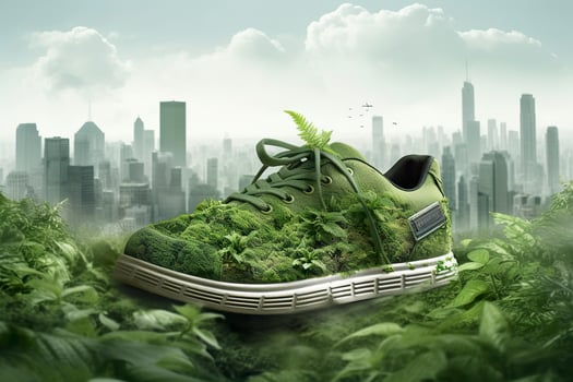 A photo was taken shoe with greenery and city , Carbon Footprint concept. AI Generative