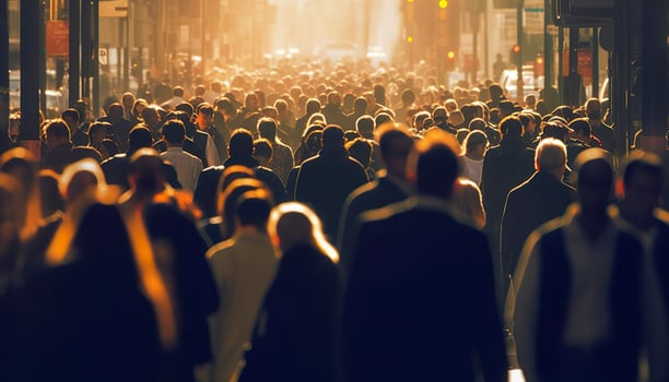 Crowd of people walking busy city street backlit. Generative AI photo