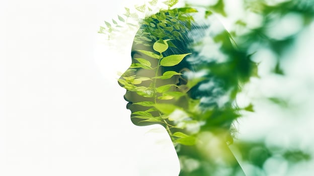 Nature tree geen leaves combines with the beauty of young attractive woman. Mental Health concept AI Generative. photo