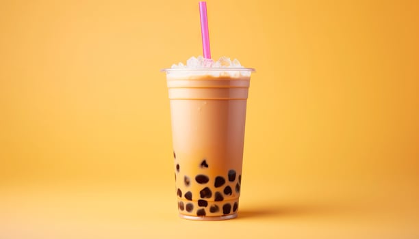 A bubble tea in a plastic cup. Generative AI photo