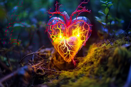 Glowing bioluminescent plant shaped like a human heart, in a mysterious forest. Generative AI photo