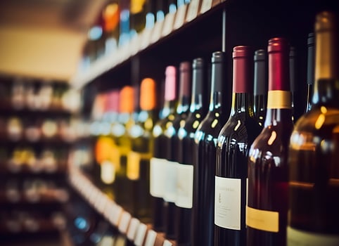 Abstract blur wine bottles on liquor alcohol shelves in supermarket store background. Generative AI photo