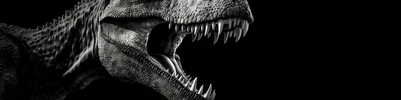 Black and white photorealistic studio portrait of a Tyrannosaurus Rex on black background. Generative AI photo