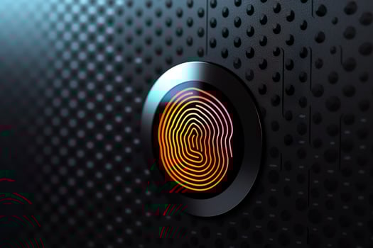 Fingerprint Authentication Button. Biometric Security. Identification and cyber security concept. Glowing neon fingerprint on dark background. AI Generative photo