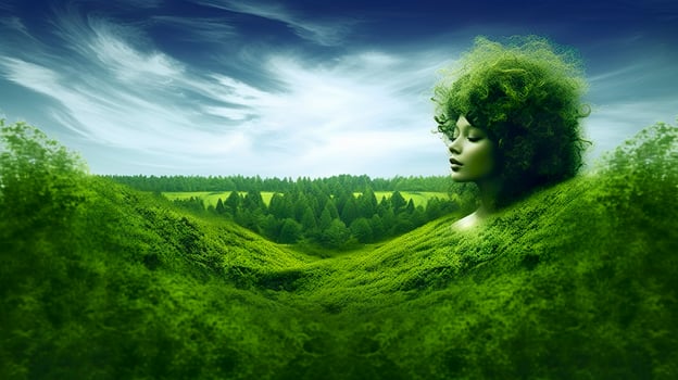 Green woman in a green greener, Green nature with white clouds and sky.  AI Generative photo