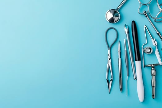 top view on various medical equipment, light blue background, copy space, AI Generative photo