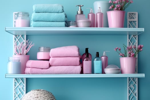 A pastel bathroom shelf with pink skincare products, copy space, banner, pink and pastel blue bright palette, barbiecore. AI Generative photo