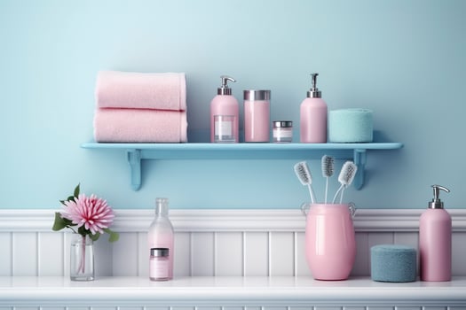 A pastel bathroom shelf with pink skincare products, copy space, banner, pink and pastel blue bright palette, barbiecore. AI Generative photo