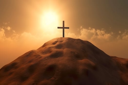 The cross of God in the rays of the sun. Cross on the hill. Religious concept. AI Generative photo