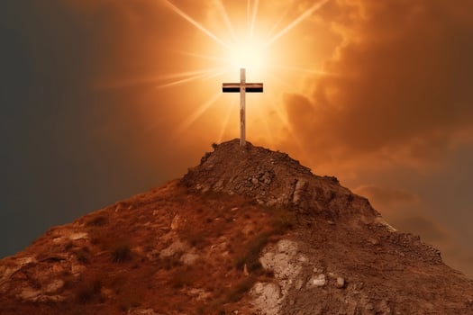 The cross of God in the rays of the sun. Cross on the hill. Religious concept. AI Generative photo