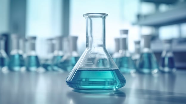 A Science Beaker in the laboratory on a table white and light blue background. laboratory equipment out of focus. AI Generative photo