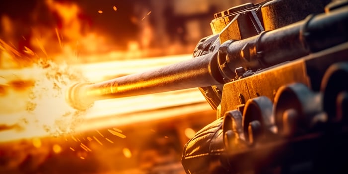 A Close Up Look at the Power and Destruction of a World War II Tank Firing Shell. AI Generative photo