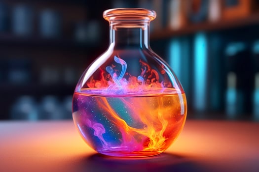 Close Up of a Science Beaker Filled with Multi Colored Liquids. AI Generative photo