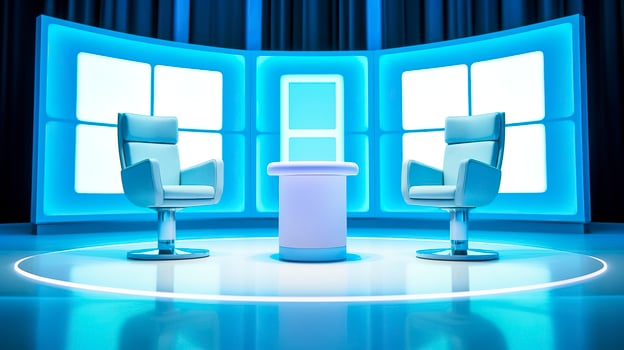 The Future of Game Shows. A Simple, Modern Setting with Two Chairs and a Whole Lot of Fun. AI Generative photo