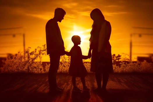 Shadow of Happy family together, parents with their little baby at sunset. A Silhouette of Love and Unity. AI Generative photo