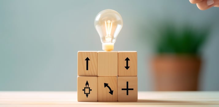 Creative idea, solution and innovation concept. Idea generation for business development. Wooden cube blocks with light bulb and cycle icons on clean background and copy space. AI Generative photo