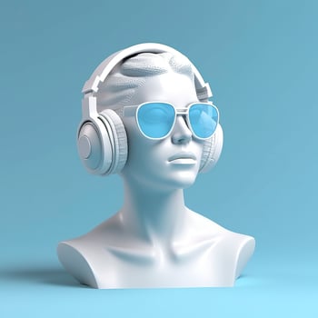 Minimal scene of sunglasses and headphones on human head sculpture, Music concept, 3d rendering. AI Generative photo