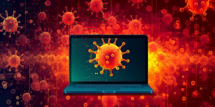 Computer screen showing an installing update notification with a virus symbol,  AI Generative photo