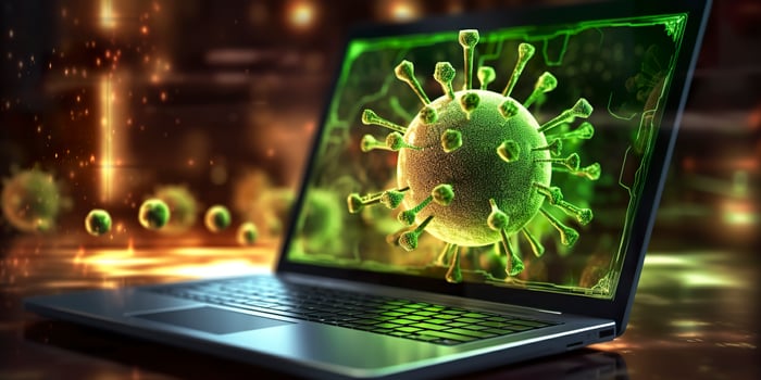 Computer screen showing an installing update notification with a virus symbol,  AI Generative photo