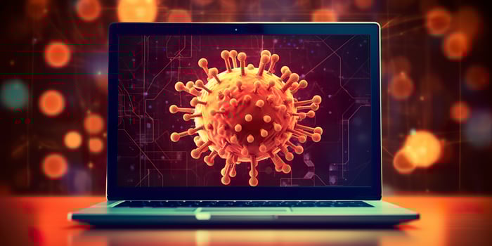 Computer screen showing an installing update notification with a virus symbol,  AI Generative photo