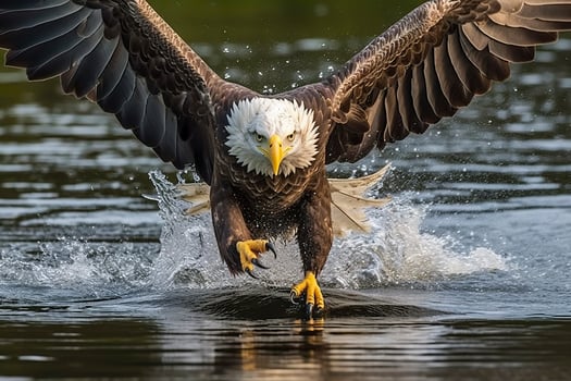 Fishing Bald Eagle, a bald eagle facing camera catches a fish out of the water, in the style of National Geographic contest winner, super telephoto close up. AI Generative photo