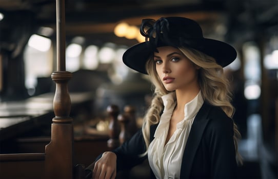 Elegant high society photography, Beautiful woman in high society wearing a fancy hat at a horse race. AI Generated photo