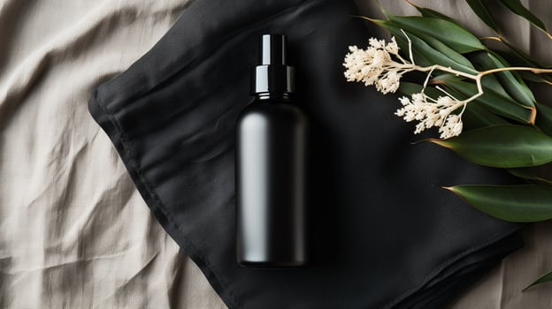 black skin care bottle product and flower on neutral background AI Generative photo