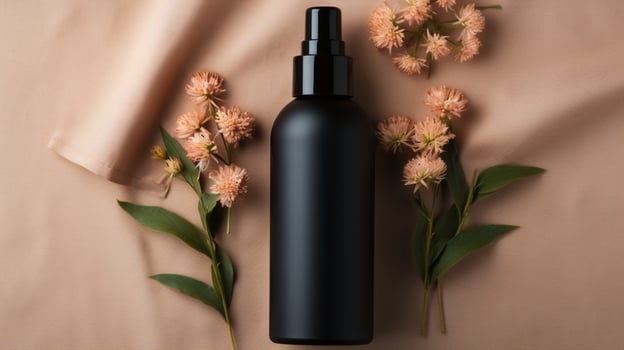 black skin care bottle product and flower on neutral background AI Generative photo