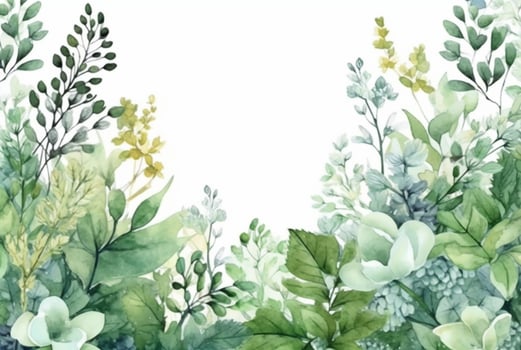 seamless watercolor floral border with green leaves on white background. generative ai photo