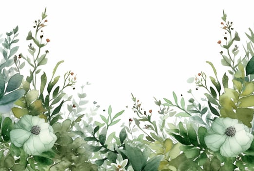 seamless watercolor floral border with green leaves on white background. generative ai photo