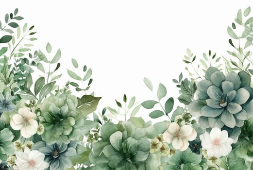 seamless watercolor floral border with green leaves on white background. generative ai photo