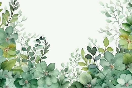 seamless watercolor floral border with green leaves on white background. generative ai photo