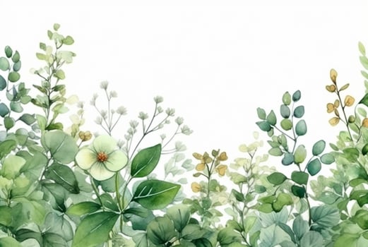 seamless watercolor floral border with green leaves on white background. generative ai photo