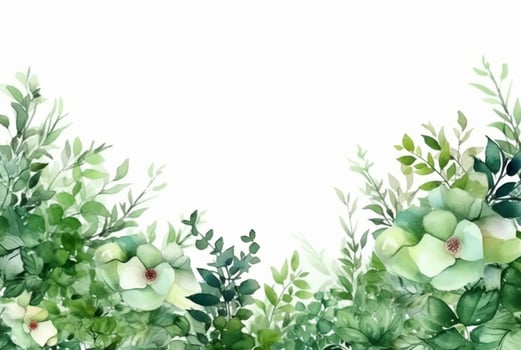 seamless watercolor floral border with green leaves on white background. generative ai photo