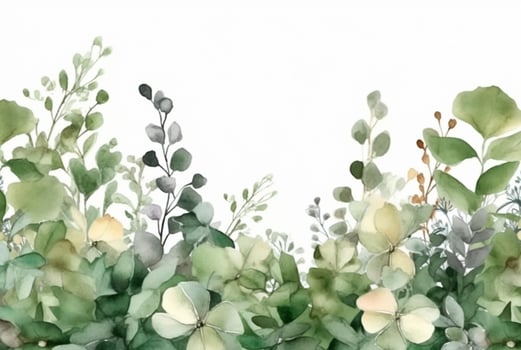 seamless watercolor floral border with green leaves on white background. generative ai photo