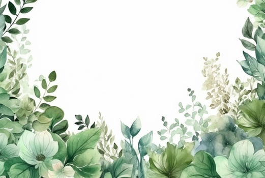 seamless watercolor floral border with green leaves on white background. generative ai photo