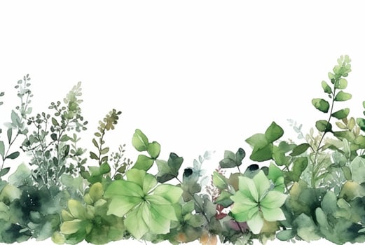 seamless watercolor floral border with green leaves on white background. generative ai photo